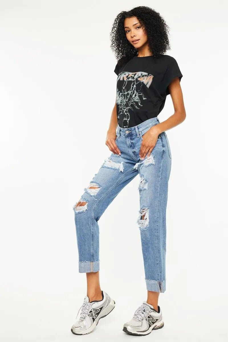 Kancan Mid Rise Distressed Boyfriend Fit Jeans for Women - Love Salve